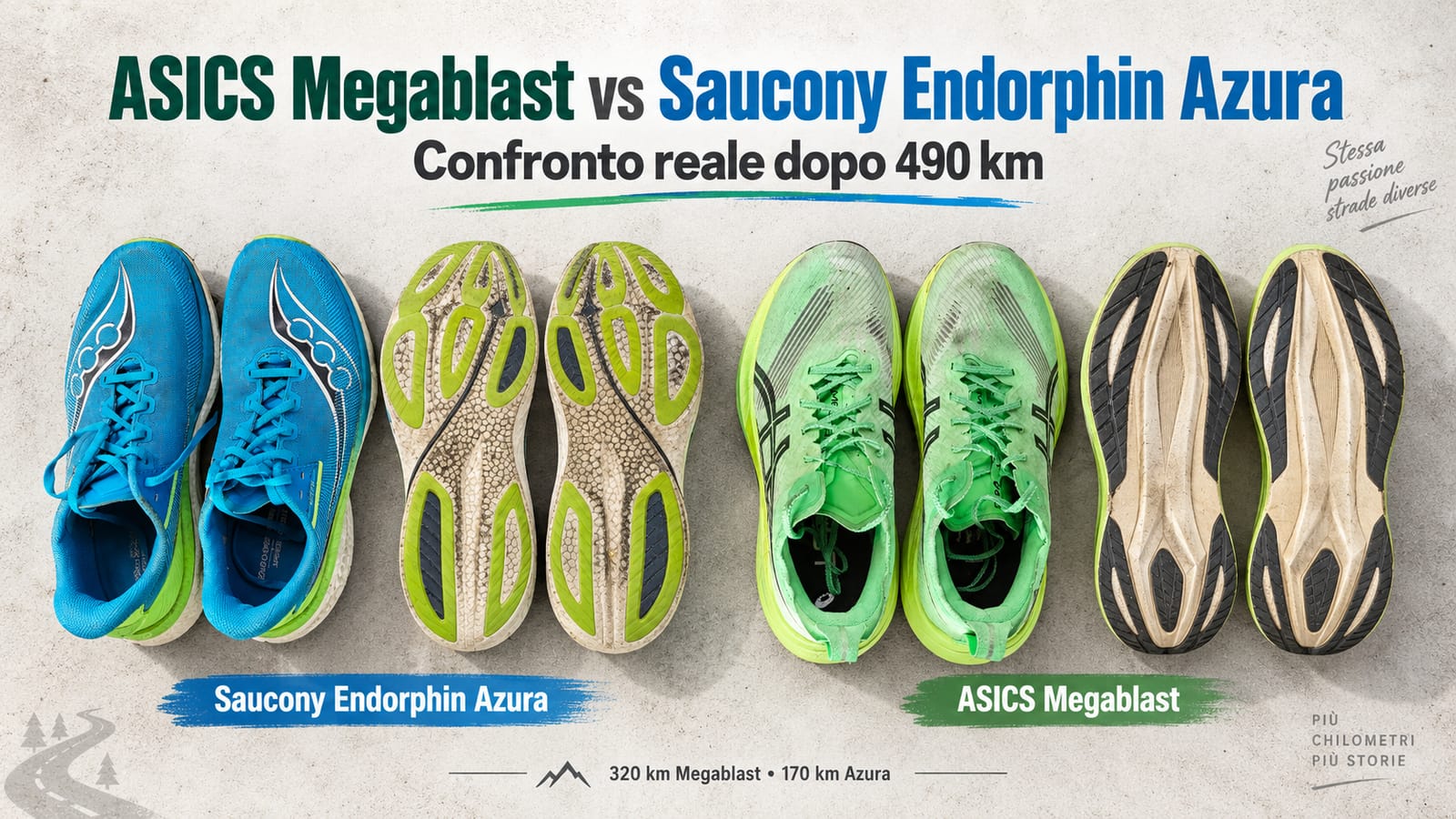 Illustrazione del confronto fra ASICS Megablast e Saucony Endorphin Azura dopo 320 e 170 km